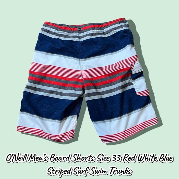 Preowned O’Neill Men’s Board Shorts Size 33 Red White Blue Striped Surf Swim Tru - Picture 6 of 8